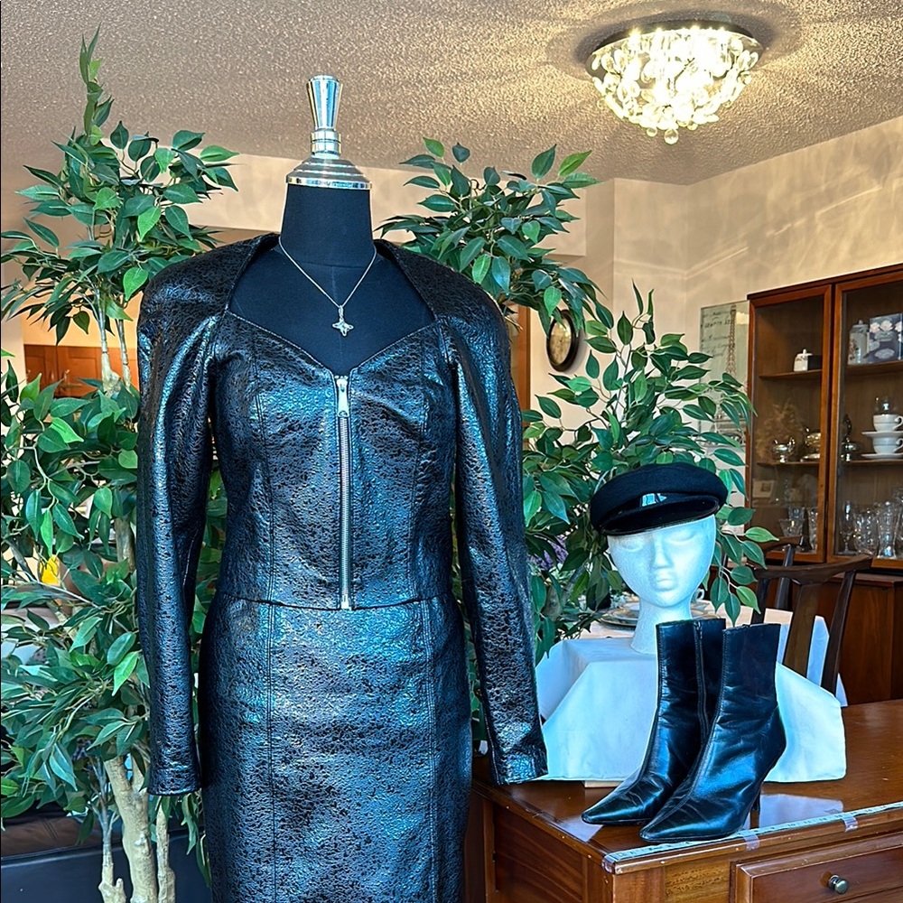 Vintage Size XS-Small Black Leather Motorcycle Bikercore Jacket & Skirt Set
